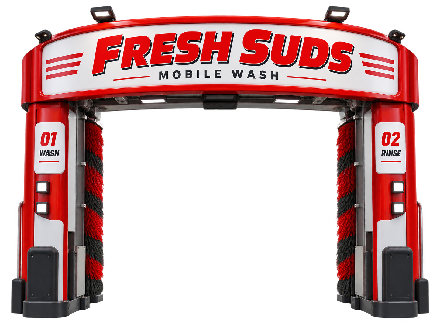 Fresh Suds car wash entrance with an overhead sign and two side pillars